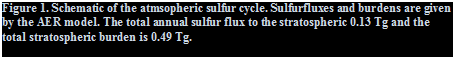 Text Box: Figure 1. Schematic of the atmsopheric sulfur cycle. Sulfurfluxes and burdens are given by the AER model. The total annual sulfur flux to the stratospheric 0.13 Tg and the total stratospheric burden is 0.49 Tg.