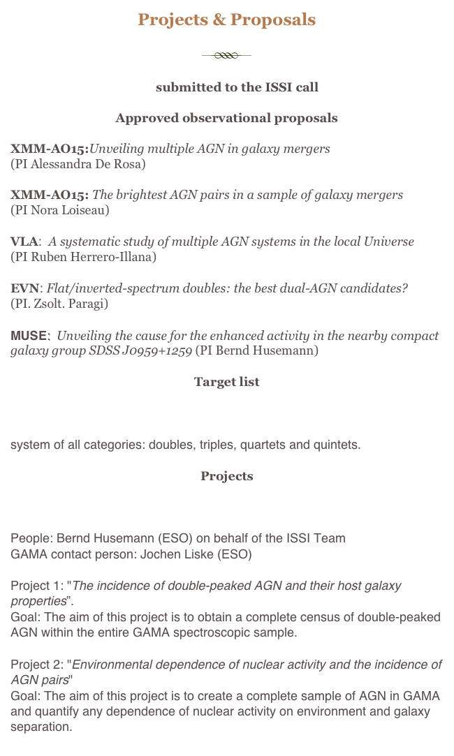 Projects & Proposals

￼

ISSI2013_DeRosa.pdf submitted to the ISSI call

Approved observational proposals

XMM-AO15:Unveiling multiple AGN in galaxy mergers
(PI Alessandra De Rosa)

XMM-AO15: The brightest AGN pairs in a sample of galaxy mergers
(PI Nora Loiseau)

VLA:  A systematic study of multiple AGN systems in the local Universe 
(PI Ruben Herrero-Illana) 

EVN: Flat/inverted-spectrum doubles: the best dual-AGN candidates? 
(PI. Zsolt. Paragi)

MUSE:  Unveiling the cause for the enhanced activity in the nearby compact galaxy group SDSS J0959+1259 (PI Bernd Husemann)

Target list

AGN_Veron_AM_InteractingGalaxy.zip has been obtained from the Arp-Madore Catalogue of Southern Peculiar Galaxies, among the interacting system of all categories: doubles, triples, quartets and quintets.

Projects

GAMA

People: Bernd Husemann (ESO) on behalf of the ISSI TeamGAMA contact person: Jochen Liske (ESO)
Project 1: "The incidence of double-peaked AGN and their host galaxy properties”. 
Goal: The aim of this project is to obtain a complete census of double-peaked AGN within the entire GAMA spectroscopic sample.

Project 2: "Environmental dependence of nuclear activity and the incidence of AGN pairs"
Goal: The aim of this project is to create a complete sample of AGN in GAMA and quantify any dependence of nuclear activity on environment and galaxy separation.
