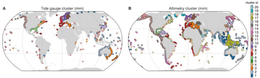 Clusters of coherent sea-level variability based on monthly mean (mm) tide gauge (A) and coastal altimetry (B)observations, as derived by a Bayesian Mixture Model approach. Copyright: Calafat, Jevrejeva, et al.