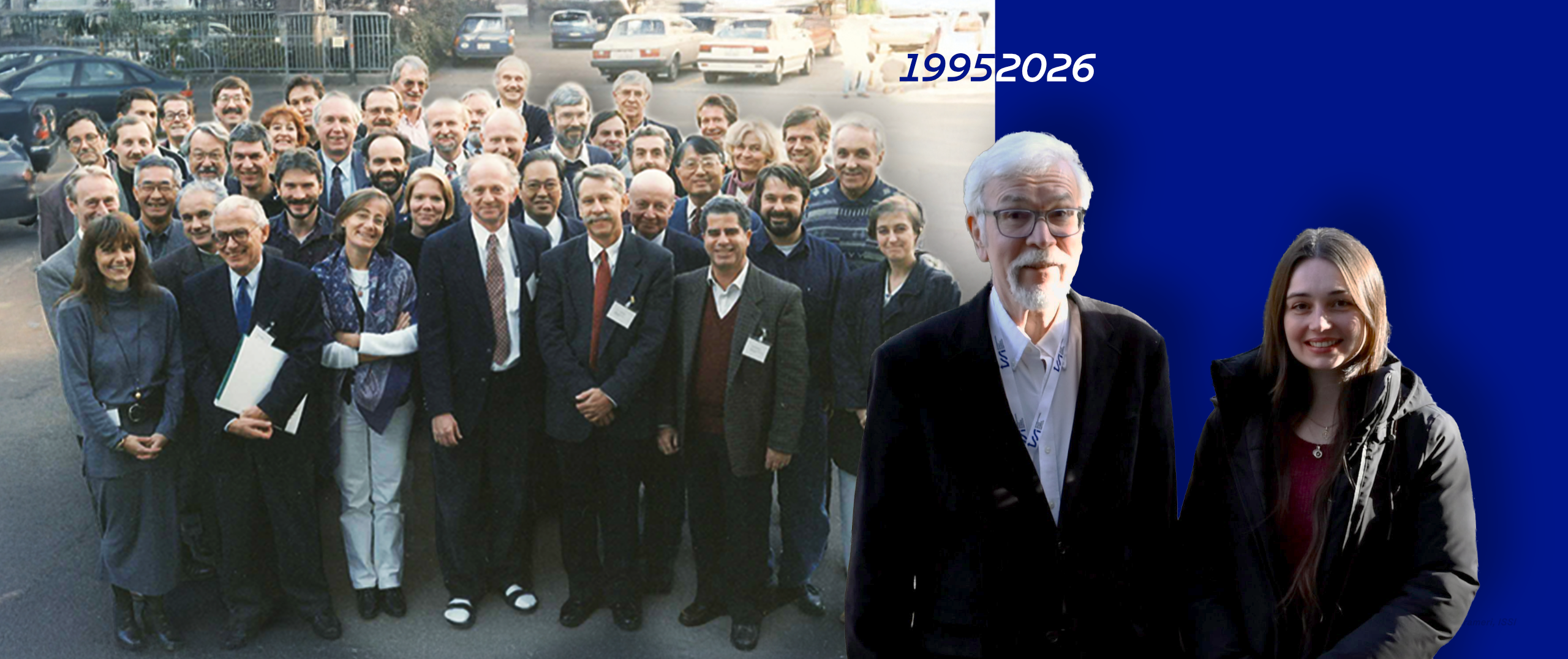 Header image showing the group picture of the first ever ISSI Workshop in 1995 with Eberhard Möbius, and superposed an image of him again 31 years later together with Emma Davies.