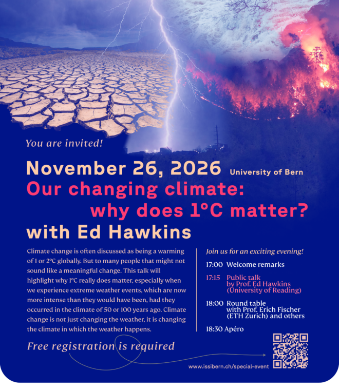 Extreme Weather ISSI Event poster for a public talk with Ed Hawkins and a round table with Erich Fischer and others.