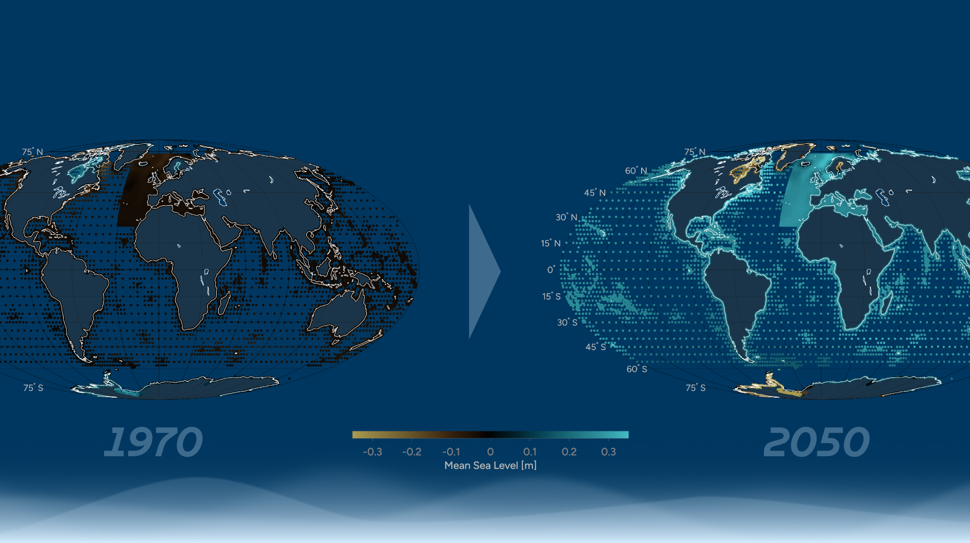 Projected (historical and future) global annual mean sea-level relative to the 1986–2005 reference period based on hydrodynamic modelling using Global Climate Models (GCMs). By Fabio Crameri via https://s-ink.org/sea-level-evolution