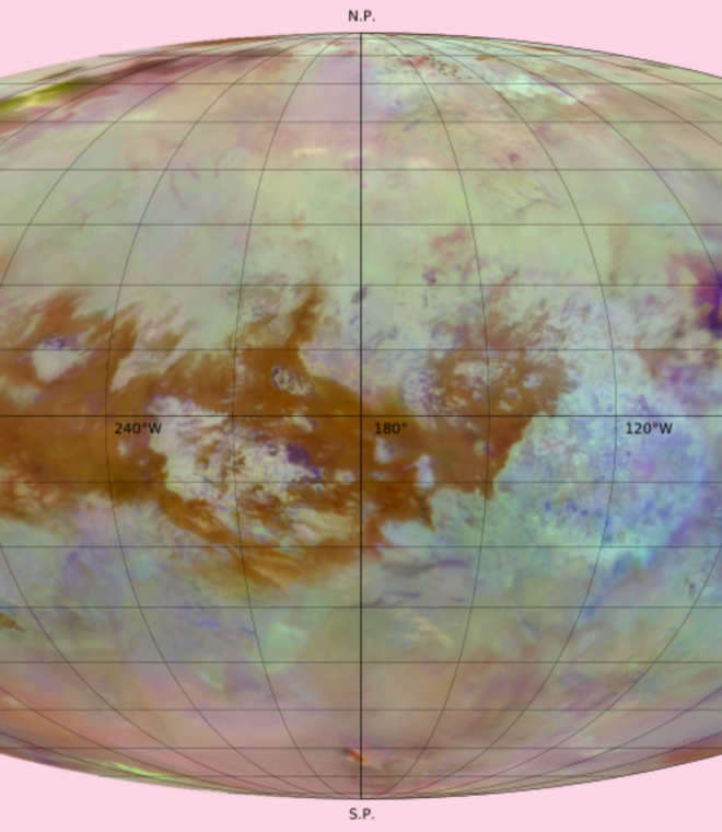 Infrared View of Titan from Cassini. This composite image from NASA’s Cassini spacecraft shows Saturn’s moon Titan in near-infrared wavelengths, revealing surface features normally hidden by its thick haze. Dune fields made of organic sand are located in the equatorial regions and appeared in brown in this false color map. Hydrocarbon seas are located near the North Pole. Impact craters (Sinlap, Selk, Menrva) often appear as bright features surrounded by dark blue units potentially rich in water ice. Credit: Caltech-JPL/Univ. of Arizona/LPG-Univ. of Nantes-CNRS.https://data.caltech.edu/records/8q9an-yt176
