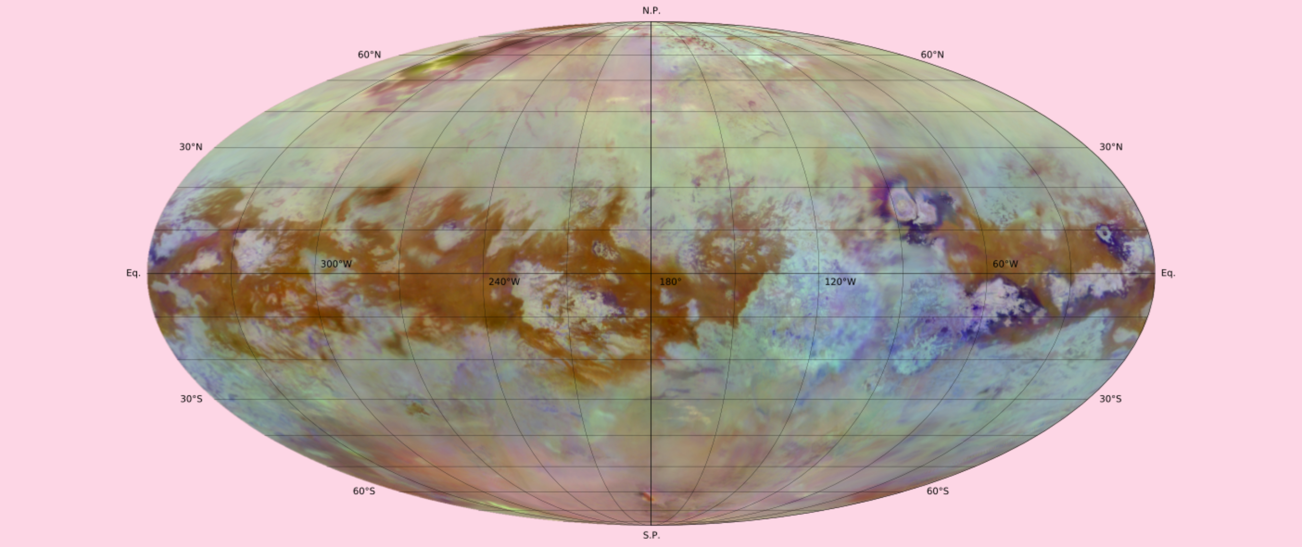 Infrared View of Titan from Cassini. This composite image from NASA’s Cassini spacecraft shows Saturn’s moon Titan in near-infrared wavelengths, revealing surface features normally hidden by its thick haze. Dune fields made of organic sand are located in the equatorial regions and appeared in brown in this false color map. Hydrocarbon seas are located near the North Pole. Impact craters (Sinlap, Selk, Menrva) often appear as bright features surrounded by dark blue units potentially rich in water ice. Credit: Caltech-JPL/Univ. of Arizona/LPG-Univ. of Nantes-CNRS.https://data.caltech.edu/records/8q9an-yt176