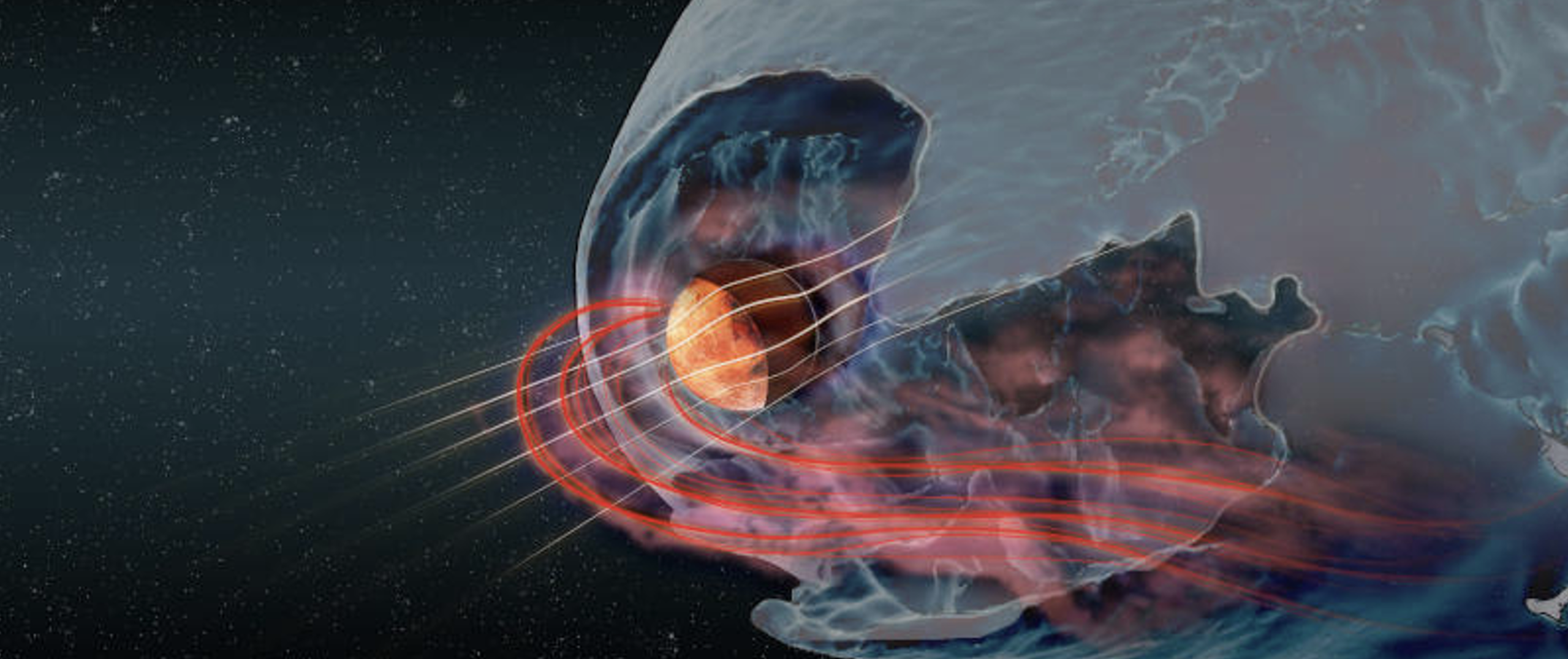 The solar wind flows along the white lines, and atmospheric particles are lost to space along the red lines. The blue incomplete cone represents shock. Illustration: IRF Swedish Institute of Space Physics