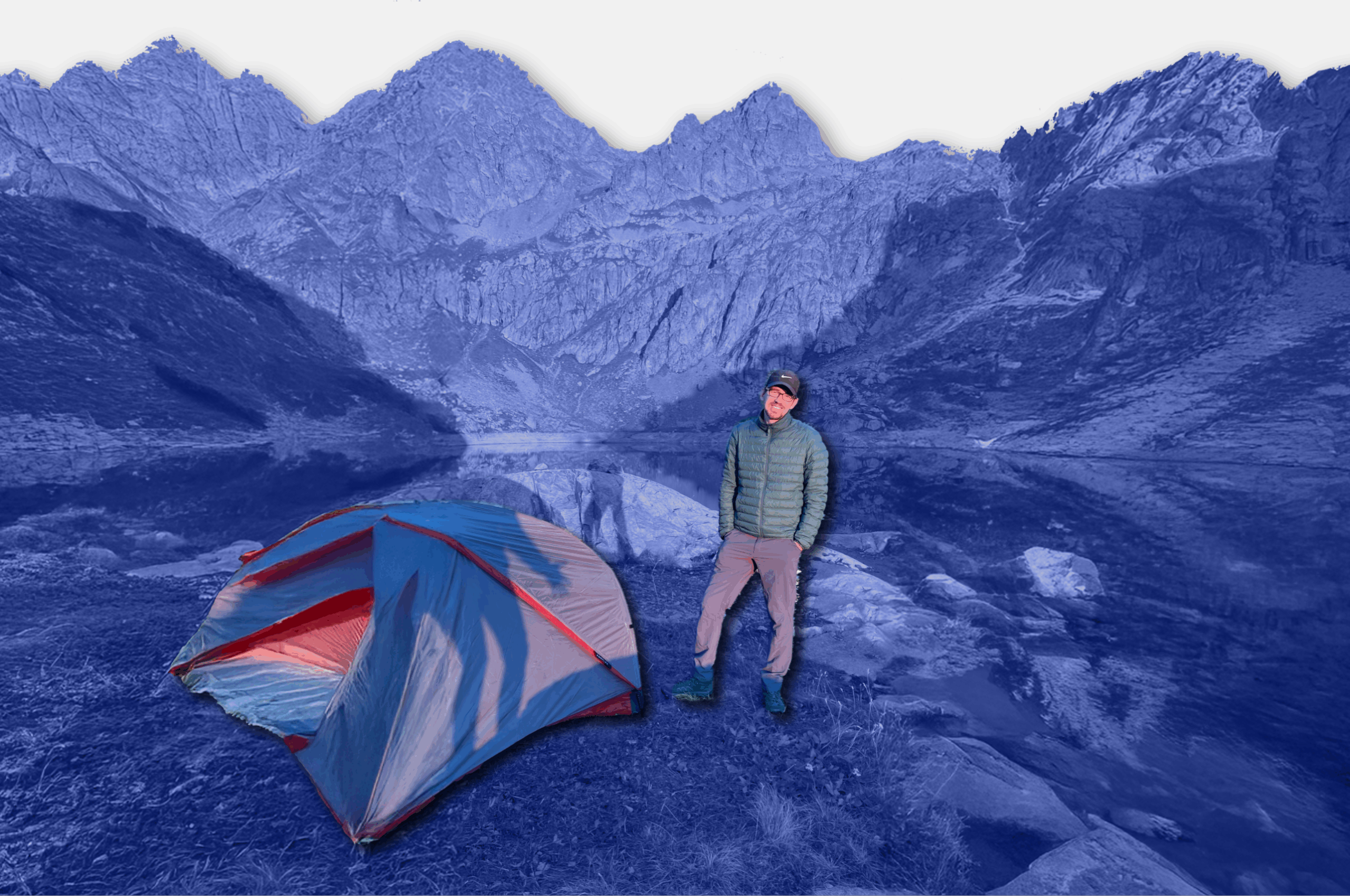 Webpage Footer showing Raphael Marschall with a tent in the mountains.