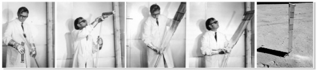 The sequence of images show Johannes Geiss testing deploymentand retrieval of the SWC foil in the thermal chamber at 80°C of Contraves Ltd. in Zurich, while the right image shows the SWC deployed on the lunar surface.